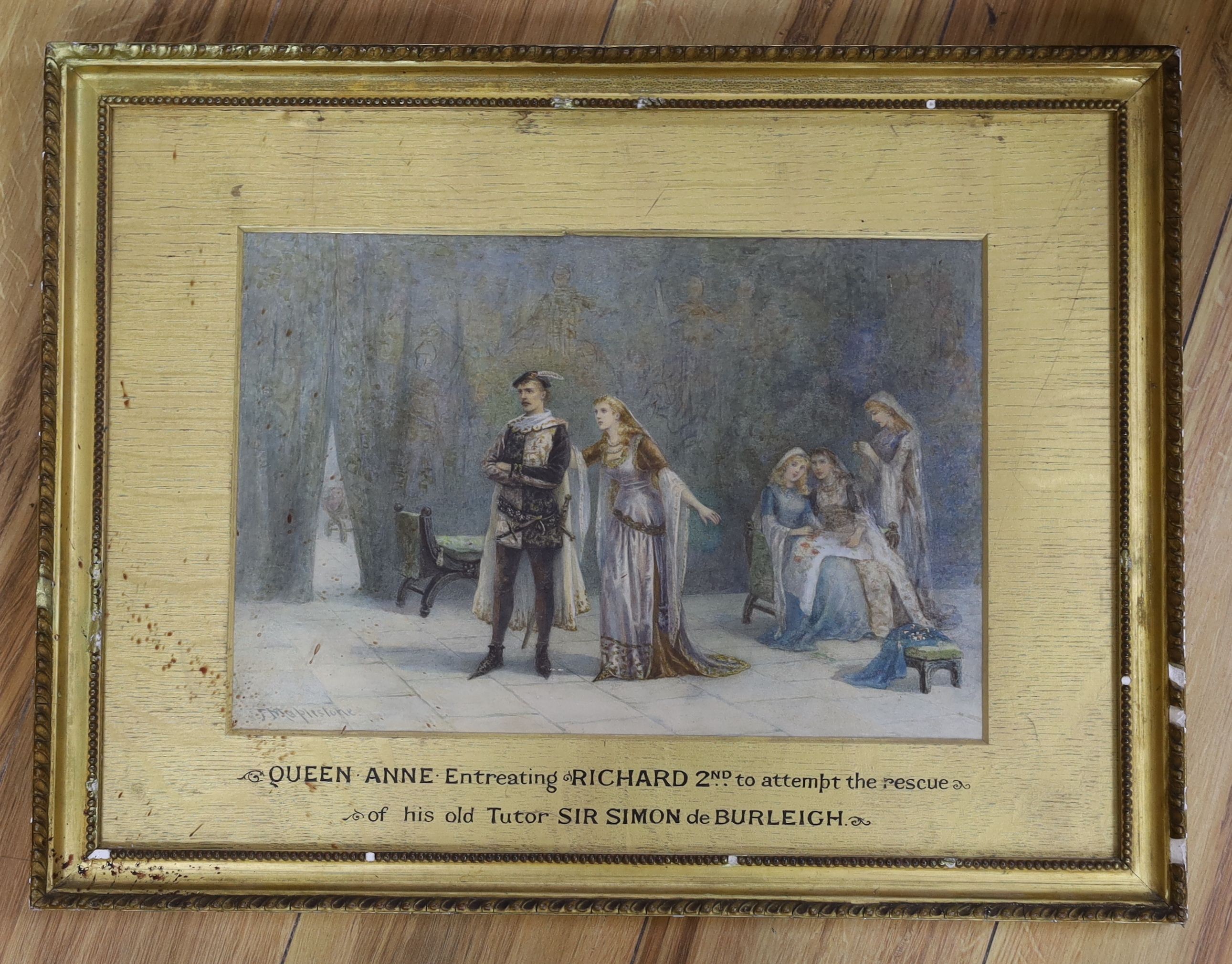 Florence Elizabeth Maplestone (act.1868-1888), watercolour, Queen Anne entreating Richard II to attempt the rescue of his old tutor, Sir Simon De Burly, signed, 24 x 36cm